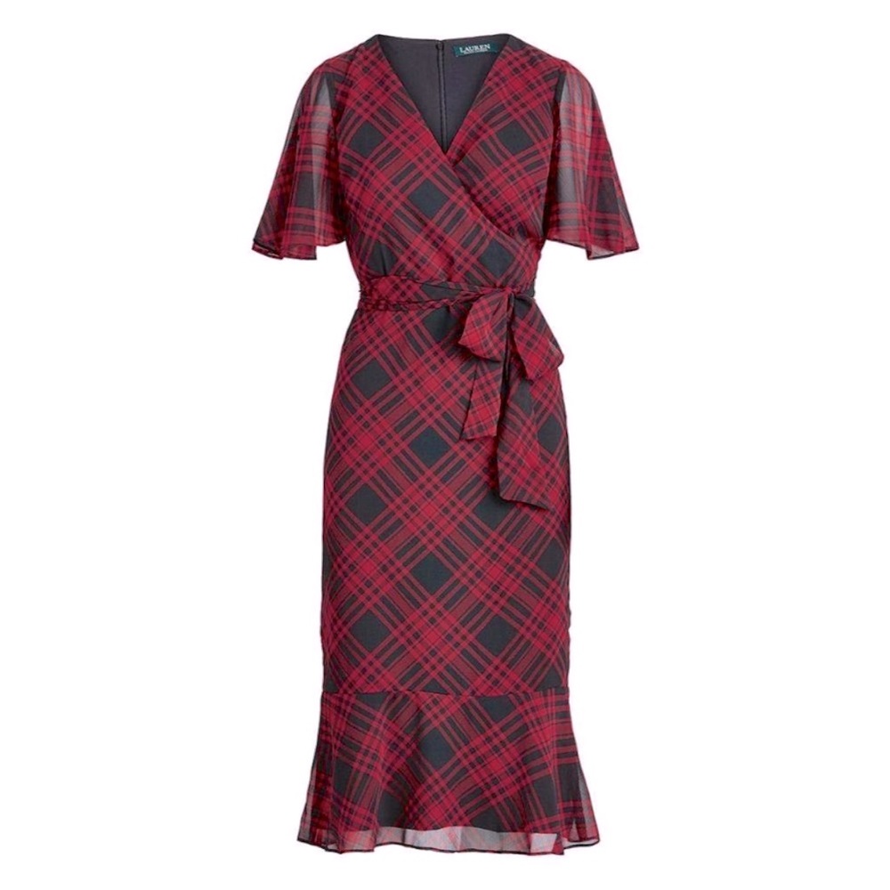 Lauren Ralph Lauren Dress NWT Georgette Plaid Print Black Red 16 Plus Surplice